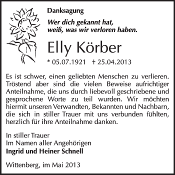 Traueranzeige von Elly Körber von WVG - Wochenspiegel Wittenberg