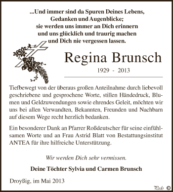 Traueranzeige von Regina Brunsch von Super Sonntag Zeitz
