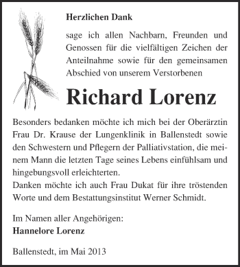 Traueranzeige von Richard Lorenz von WVG - Wochenspiegel Quedlinburg