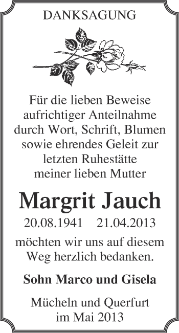 Traueranzeige von Margrit Jauch von WVG - Wochenspiegel Merseburg