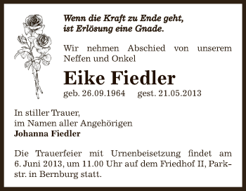 Traueranzeige von Eike Fiedler von Super Sonntag Bernburg