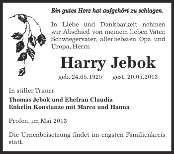 Traueranzeige von Harry Jebok von Super Sonntag Zeitz