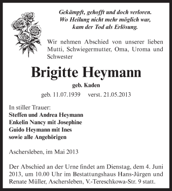 Traueranzeige von Brigitte Heymann von WVG - Wochenspiegel Aschersleben