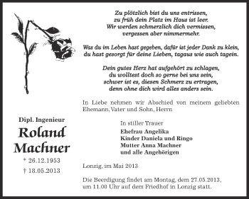 Traueranzeige von Roland Machner von Super Sonntag Zeitz