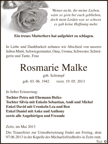 Traueranzeige von Rosmarie Malke von Super Sonntag Zeitz