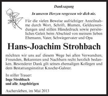 Traueranzeige von Hans-Joachim Strohbach von Super Sonntag Aschersleben
