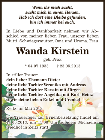 Traueranzeige von Wanda Kirstein von Super Sonntag Zeitz