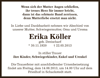 Traueranzeige von Erika Köller von Super Sonntag Bernburg