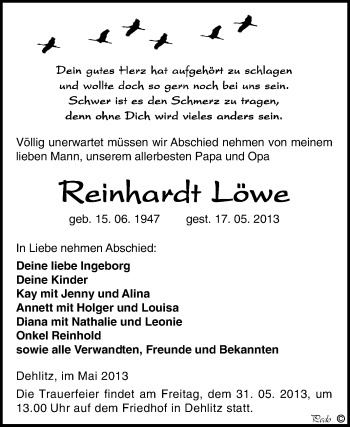 Traueranzeige von Reinhardt Löwe von WVG - Wochenspiegel NMB / WSF / ZTZ