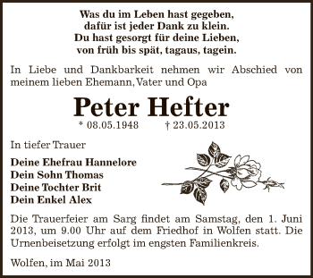 Traueranzeige von Peter Hefter von WVG - Wochenspiegel Bitterfeld