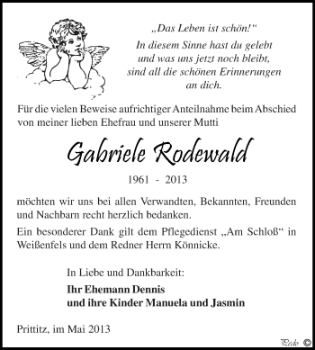 Traueranzeige von Gabriele Rodewald von WVG - Wochenspiegel NMB / WSF / ZTZ