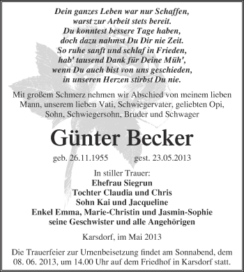 Traueranzeige von Günter Becker von WVG - Wochenspiegel NMB / WSF / ZTZ