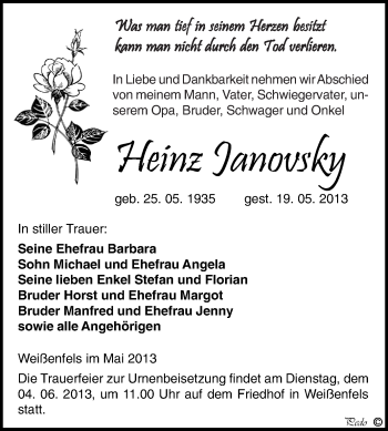 Traueranzeige von Heinz Janovsky von WVG - Wochenspiegel NMB / WSF / ZTZ