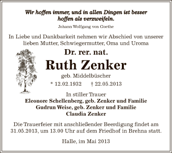 Traueranzeige von Ruth Zenker von WVG - Wochenspiegel Bitterfeld