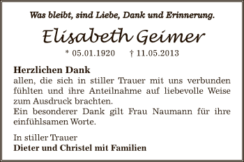 Traueranzeige von Elisabeth Geimer von WVG - Wochenspiegel Bitterfeld