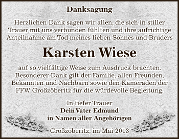Traueranzeige von Karsten Wiese von WVG - Wochenspiegel Bitterfeld