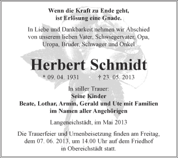 Traueranzeige von Herbert Schmidt von WVG - Wochenspiegel Merseburg