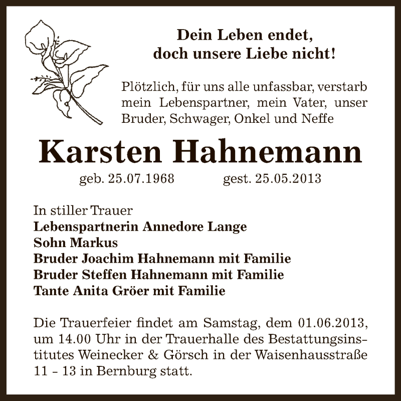  Traueranzeige für Karsten Hahnemann vom 29.05.2013 aus WVG - Wochenspiegel Bernburg
