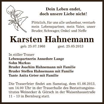 Traueranzeige von Karsten Hahnemann von WVG - Wochenspiegel Bernburg