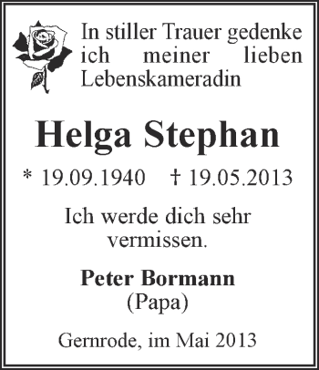 Traueranzeige von Helga Stephan von WVG - Wochenspiegel Quedlinburg
