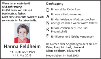 Traueranzeige von Hanna Feldheim von WVG - Wochenspiegel Quedlinburg
