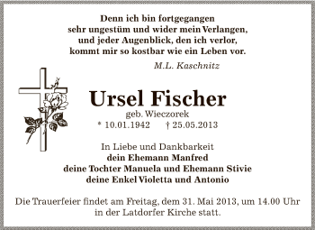 Traueranzeige von Ursel Fischer von Super Sonntag Bernburg
