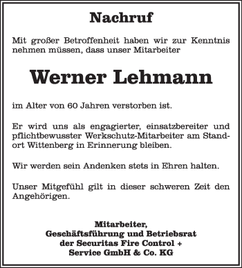 Traueranzeige von Werner Lehmann von Super Sonntag Wittenberg