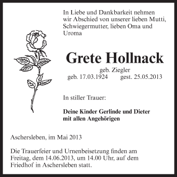 Traueranzeige von Grete Hollnack von WVG - Wochenspiegel Aschersleben
