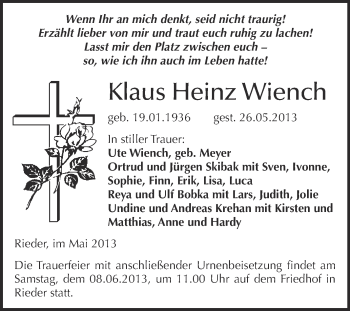 Traueranzeige von Klaus Heinz Wiench von WVG - Wochenspiegel Quedlinburg