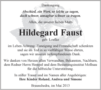 Traueranzeige von Hildegard Faust von WVG - Wochenspiegel Merseburg