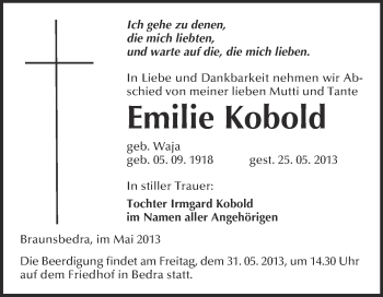 Traueranzeige von Emilie Kobold von WVG - Wochenspiegel Merseburg