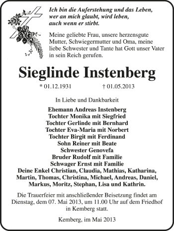 Traueranzeige von Sieglinde Instenberg von Mitteldeutsche Zeitung