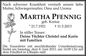 Traueranzeige von Martha Pfennig von Mitteldeutsche Zeitung Halle/Saalkreis