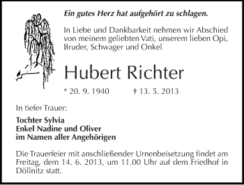 Traueranzeige von Hubert Richter von Mitteldeutsche Zeitung