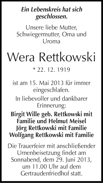 Traueranzeige von Wera Rettkowski von Mitteldeutsche Zeitung Halle/Saalkreis