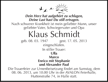 Traueranzeige von Klaus Schmidt von Mitteldeutsche Zeitung Halle/Saalkreis