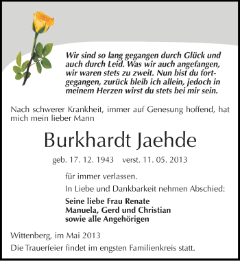 Traueranzeige von Burkhardt Jaehde von Mitteldeutsche Zeitung Wittenberg