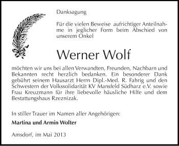 Traueranzeige von Werner Wolf von Mitteldeutsche Zeitung Aschersleben