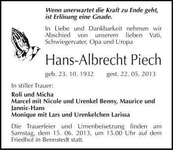 Traueranzeige von Hans-Albrecht Piech von Mitteldeutsche Zeitung Halle/Saalkreis