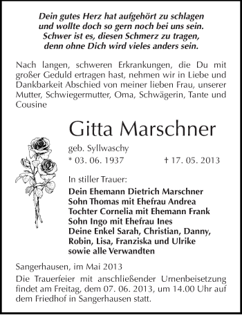 Traueranzeige von Gitta Marschner von Mitteldeutsche Zeitung Sangerhausen