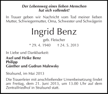 Traueranzeige von Ingrid Benz von Mitteldeutsche Zeitung Halle/Saalkreis