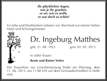 Traueranzeige von Ingeburg Matthes von Mitteldeutsche Zeitung Halle/Saalkreis