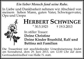 Traueranzeige von Herbert Schwinge von Mitteldeutsche Zeitung Halle/Saalkreis