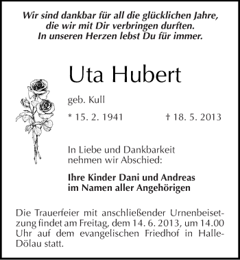Traueranzeige von Uta Hubert von Mitteldeutsche Zeitung Halle/Saalkreis