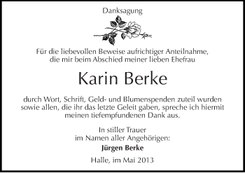 Traueranzeige von Karin Berke von Mitteldeutsche Zeitung Halle/Saalkreis