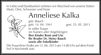 Traueranzeige von Anneliese Kalka von Mitteldeutsche Zeitung Dessau-Roßlau