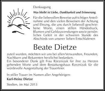 Traueranzeige von Beate Dietze von Mitteldeutsche Zeitung Aschersleben