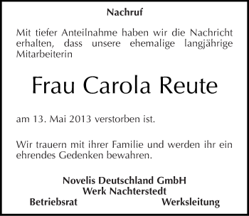 Traueranzeige von Carola Reute von Mitteldeutsche Zeitung Aschersleben