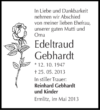 Traueranzeige von Edeltraud Gebhardt von Mitteldeutsche Zeitung Halle/Saalkreis