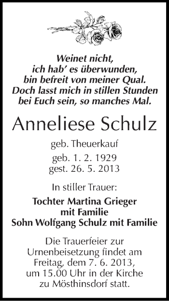 Traueranzeige von Anneliese Schulz von Mitteldeutsche Zeitung Halle/Saalkreis